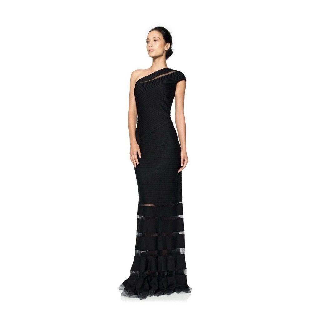 Tadashi Shoji One Shoulder Pintuck Jersey Mermaid Maxi Gown Dress Black SZ S - Picture 4 of 11